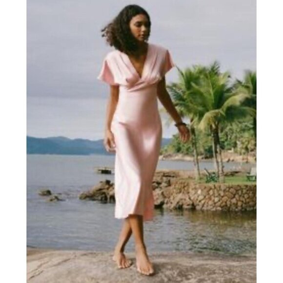 ZARA Womens Pink Satin Midi Dress Flutter Sleeve V-Neck Bloggers Favorite Size S - Picture 2 of 12